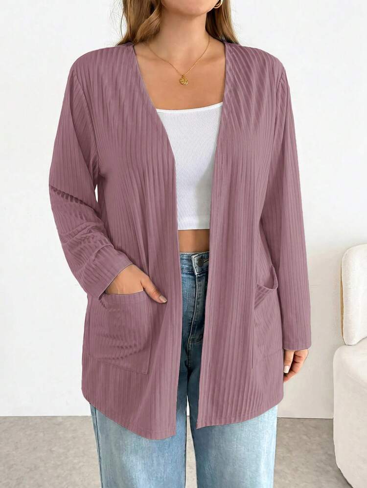 SHEIN Essnce Chaqueta de talla grande para otoño casual de unicolor con doble bolsillo - Púrpura polvoriento - Añade 6