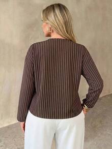 Auralis Brown Button-Down Long Sleeve Metal Button Decor Plus Size Fall Shirt/All-Season Striped Vintage Casual Smart Top Elegant Office Working Blouse Women - Brown - View 4