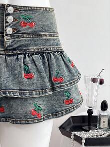 SHEIN PETITE 女款荷葉邊下擺牛仔迷你裙 - 中等水洗藍 - 查看 3