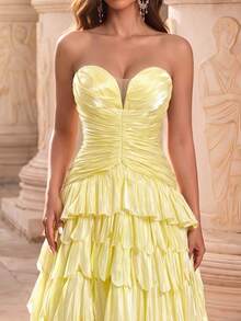 Glamrae Elegantes weiches gelbes glänzendes Organza-Stoff trägerloses V-Ausschnitt asymmetrisches plissiertes Taillen mehrschichtiges gestuftes A-Linien-Rock Hochzeitskleid Winter - Gänsegelb - Übersicht 8