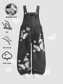 SHEIN 女童 Y2K 可愛蝴蝶圖案黑色丹寧寬鬆吊帶褲，秋冬款，女童返校服裝、節慶穿搭、校服 - 深灰色 - 查看 4