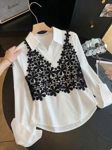 GlowEve Fall Clothes FOR WomenWomen's Lace Patchwork 2 In 1 Blouse - Black and White - View 7