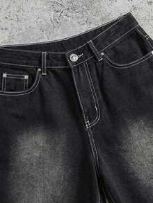 Manfinity ZONE917 Unisex American Hip Hop Style Wide Leg Denim Shorts With Pockets - Black - View 2