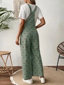 SHEIN 孕婦度假休閒口袋愛心印花連身褲 秋季 - 綠色 - 查看 2