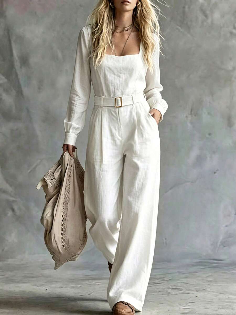 GlowEve Jumpsuit Wanita Warna Polos untuk Pakaian Sehari-hari Kasual - Putih - View 1
