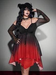 Whyspr Gaun Halloween Goth Gradient Mesh Lengan Panjang Transparan dengan Hem Asimetris untuk Musim Gugur - MultiWarna - View 4
