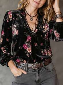 Linhara CURVE Plus Size Lady's Velvet Casual Printed Shirt - Black - View 4