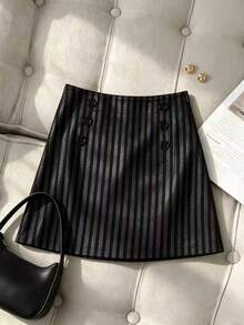 Franclia Rok Wanita Bergaris Kasual Serbaguna untuk Pemakaian Sehari-hari - Navy Blue - View 1