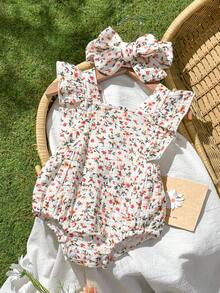 SHEIN 新生兒夏季無袖休閒簡約花卉印花連身褲，適合休閒時光或戶外購物穿著 - 彩色 - 查看 3