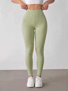 SHEIN PETITE Women's Solid Color High Waist Casual Versatile Leggings - Olive Green - View 3