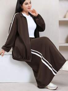 Veilorie Women's Striped Color-Block Zipper Hoodie And Long Skirt Arabic Outfit Set - Brown - View 6