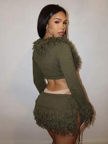 Slaydiva Women Army Green Fringe Knit Two Piece Set V‑Neck Cropped Cardigan Drawstring Mini Skirt Matching Outfit Club Party Holiday Tassel Matching Going‑Out - Army Green - View 4