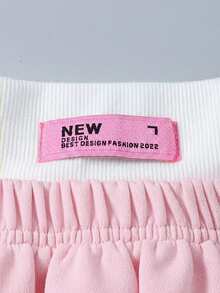 SHEIN Tween女孩黃色白色粉色拼接羅紋短袖圓領側褶皺短版上衣＋高腰拼接百褶迷你裙2件套，字母編織標籤裝飾，親膚彈性面料，活力甜美風夏季日常街頭校園穿搭小眾設計童裝套裝 - 彩色 - 查看 6