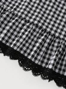 SHEIN Franclia 2026新款女士法式蕾丝边格纹短袖衬衫，优雅别致青春上衣 - 黑色 - 查看 7