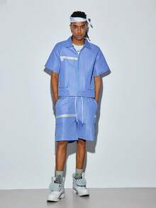 Modcrash Mens Summer Striped Outfit Set, Lightweight Short Sleeve Shirt And Elastic Waist Cargo Shorts - Blue - View 6