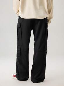 Vaulklash Loose Fit Men's Cargo Pants With Flap Pockets, Side Drawstring Waist, Fall Wide Leg - Black - View 3