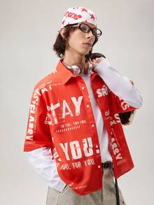 Vaulklash Men's Loose Cut-Off Text Print Shirt, Couple Matching Style, Suitable For Summer Red Graphic Shirt Men S Cropped Graphic Shirts - Red - View 1