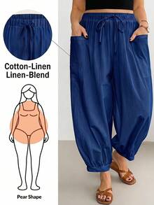 SHEIN Essnce Plus Size Women's Blue Summer Basic Bohemian Style Vacation Lantern Pants, Loose Comfortable Elastic Waistband Pockets Beach Lantern Pants Fall - Blue - View 1