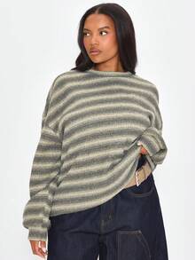 MUSERA Plus Size Multicolour Plus Size Striped Crew Neck Sweater Spring Summer Casual Everyday Day Outfit Going Out - Multicolor - View 1