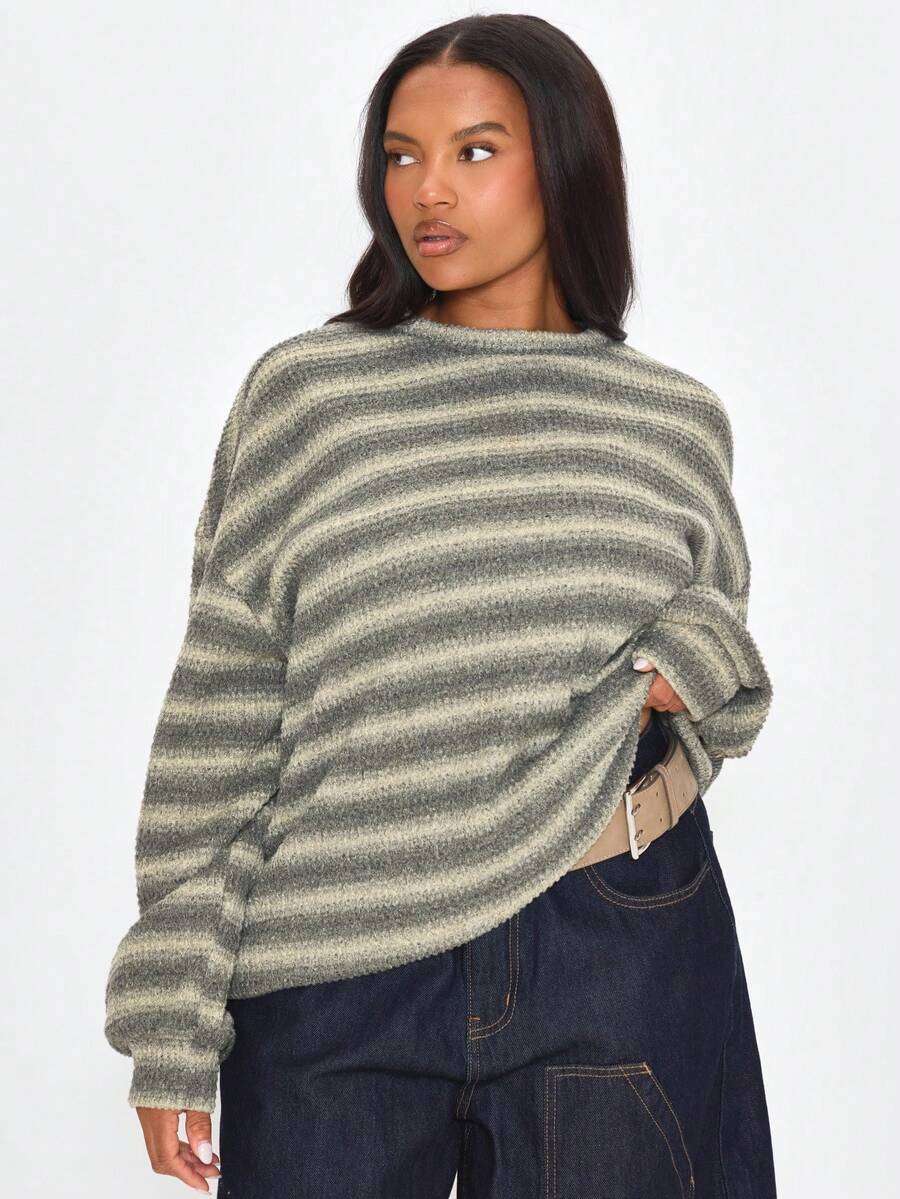 MUSERA Plus Size Multicolour Plus Size Striped Crew Neck Sweater Spring Summer Casual Everyday Day Outfit Going Out - Multicolor - View 1