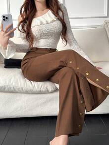 Feyla New Maillard Vintage Button-Front Flare Leg Pants - Brown - View 6