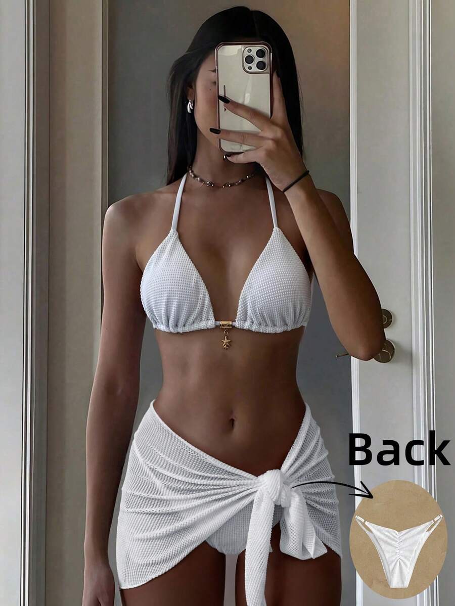 Costavie Women's 3-Piece Solid White Special Fabric Metal Star Decor Sexy Bikini Set, Spring/Summer - White - View 1