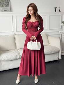 Feyla Women's Solid Color Pleated Casual Party Dress - Burgundy - View 7
