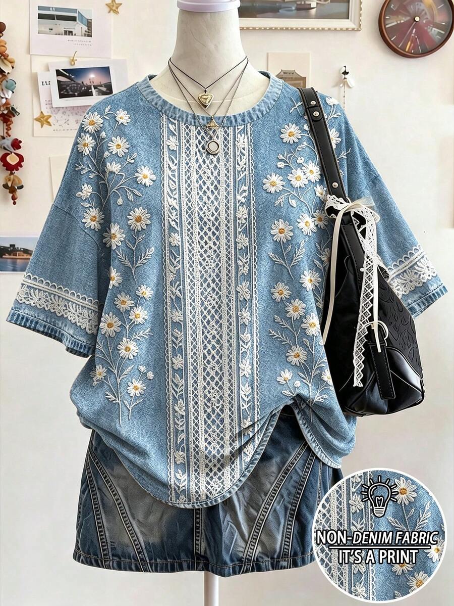 Lalippa 女款休閒鄉村風復古針織印花T恤,仿蕾絲刺繡波希米亞圖案,圓領落肩,野餐藍花卉夏季款 - 霧霾藍 - 查看 1