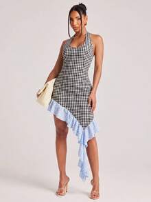 NYA SZN Dress Mini Length High Low Hem Ghingham Color Block Flounce Detail Ruffle Sleeveless Outfits For Women - Black and White - View 5