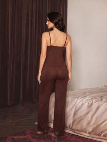 Slumberist Lace Patchwork Camisole Top And Casual Sexy Long Pants Pajama Set Lounge Sleep Dark Brown - Brown - View 2