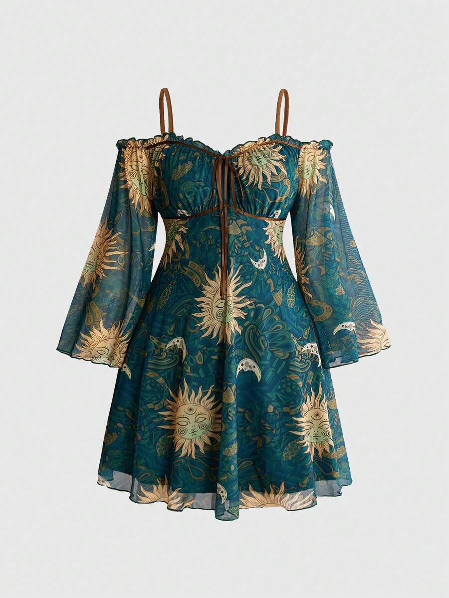 ROMWE Plus Size Vintage Y2K Hippie Retro Vacation Style Face Sun Moon Print Ruched Front Flared Sleeve Cinched Waist Mini Short Dress - Multicolor - View 1