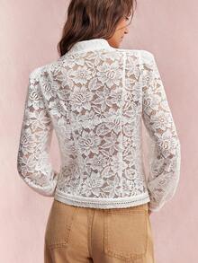 Willow Rêve Women's White Floral Lace Long Sleeve Top With Mandarin Collar And Frog Button Closure, Elegant Casual Romantic Blouse For Wedding Dinner Party Garden - White - View 2