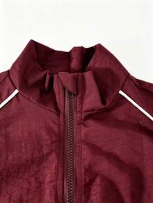 SHEIN 兩件式時尚休閒黑色立領夾克與長褲套裝，適合大女孩，秋季穿搭 - 酒紅色 - 查看 4