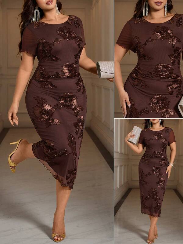 Reflora Plus Size Elegant Embroidered Fashion Round Neck Evening Dress Wedding Dinner Evening Chocolate Brown Summer