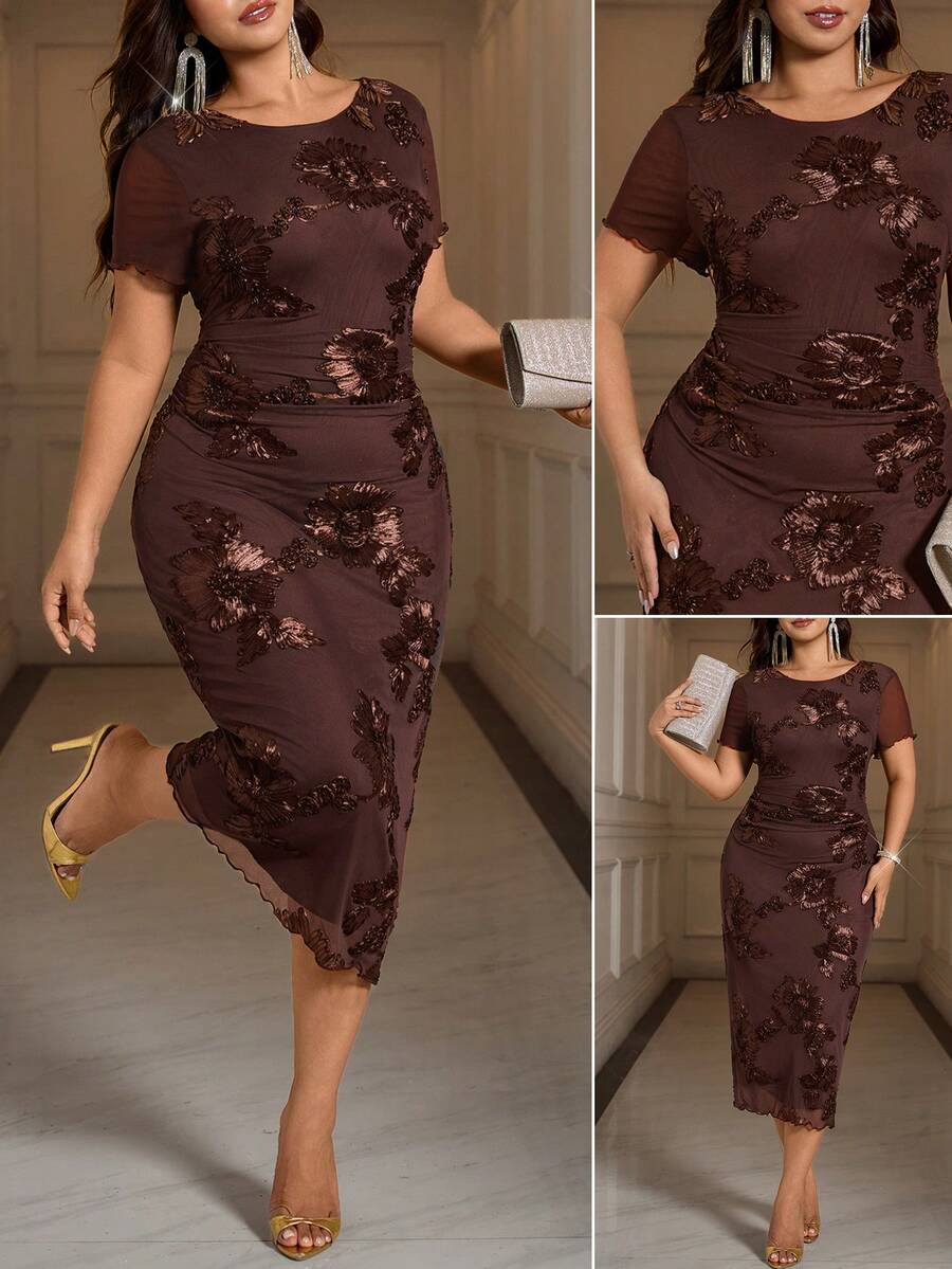 Reflora Gaun Malam Ukuran Besar Elegan Bordir Modis Leher Bulat untuk Pernikahan, Makan Malam, Musim Panas Cokelat Tua - Hitam dan Putih - View 1