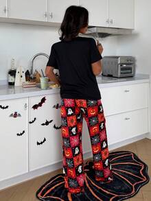 ZzzCrew Women's Pumpkin Ghost Halloween Element Print Casual Crew Neck Short Sleeve Pajama Set - Black - View 3