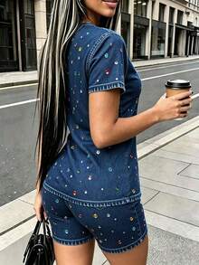 Rovax Plus Size Faux Denim Rhinestone Print T-Shirt And Shorts 2-Piece Set - Multicolor - View 2