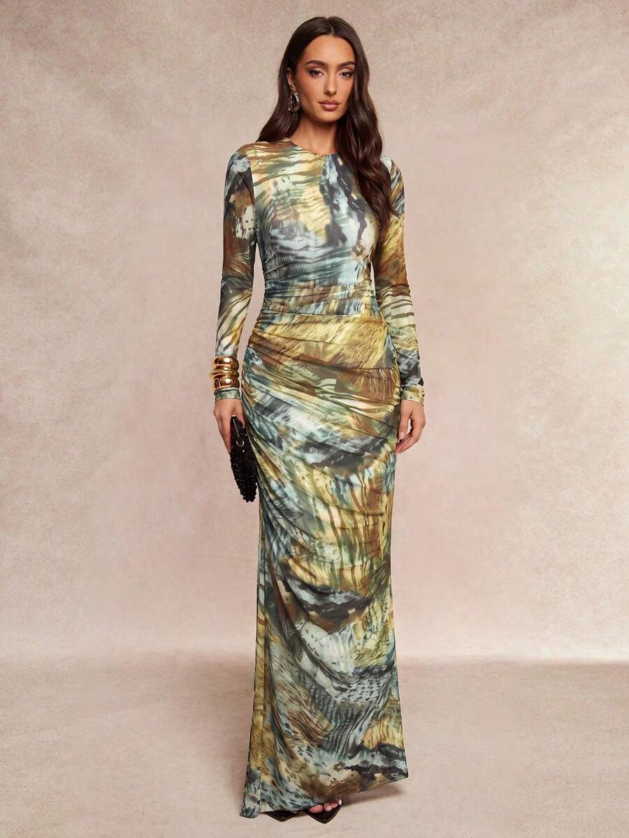 Silquee 女款優雅長袖動物印花網紗抓皺修身洋裝 百搭風格(秋季/系列)萬聖節聖誕夜酒吧派對 灰藍色 - 彩色 - 查看 1