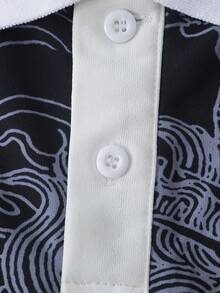 ROMWE MEN Men's Floral & Letter Print Striped Button Half-Placket Polo Shirt - Black - View 5