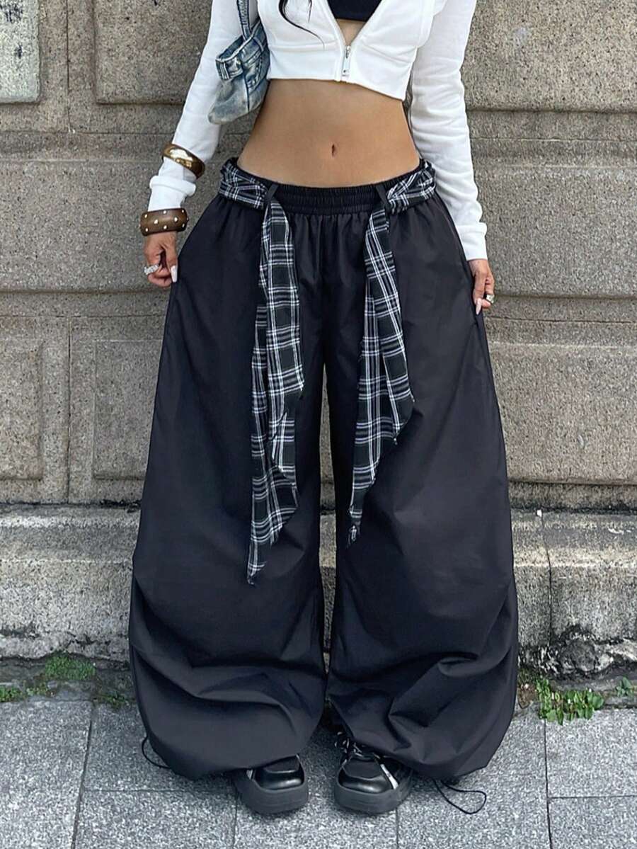 Coolane 女款秋季街頭風外出休閒運動風黑色格紋肩帶降落傘褲，嘻哈街頭穿搭，健身運動服