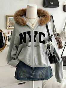 SHEIN Sparklyn 秋冬女款連帽拉鍊外套 街頭風休閒混搭款 保暖針織面料 微鬆版型 Y2K灰色 - 彩色 - 查看 1
