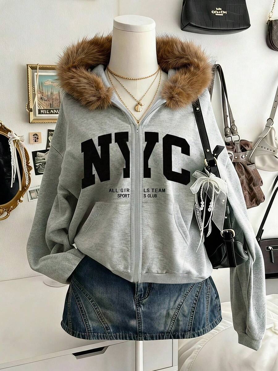 SHEIN Sparklyn 秋冬女款連帽拉鍊外套 街頭風休閒混搭款 保暖針織面料 微鬆版型 Y2K灰色 - 彩色 - 查看 1