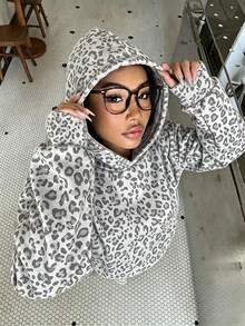 青少年女孩休閒極簡復古學院風灰色豹紋寬鬆圓領舒適長袖衛衣，適合秋冬，秋冬女孩衛衣，時尚女孩，甜美風格 - 白色 - 查看 6