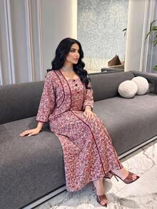 Al Najma Spring/Autumn Color Block Small Ditsy Floral Button Embellished 3/4 Sleeve Loose Fit Casual Minimalist Long Dress Plus Size Women - Multicolor - View 3