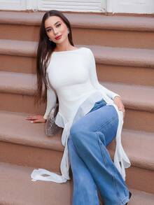 Duda Rubert 女款休閒荷葉邊不對稱下擺修身長袖上衣，秋季白色 - 白色 - 查看 3