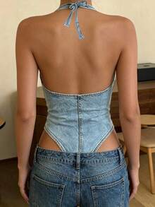 Rovax Women's Fashion Versatile Denim Effect Print Halter Neck Backless Bodysuit - Multicolor - View 2