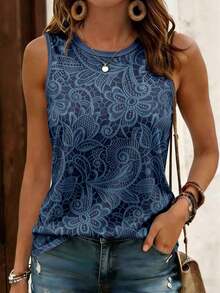 EMERY ROSE Women's Floral Print Round Neck Top, Comfortable Casual Round Neck Tank Top, Suitable For Daily Wear In Summer - Multicolor - View 3