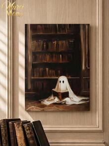 Muroi Mono 1pc Dark Academia Canvas Wall Art, Retro Painting Of Cute White Ghost Reading Book In Old Library, Gothic Spooky Art Print Poster, Home Aesthetic Wall Hanging Decor For Living Room Bedroom Halloween Decor - multicolor - View 4