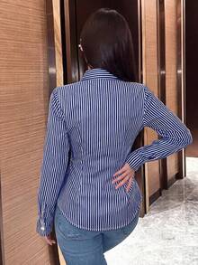 SHEIN 女款素色長袖裹身式襯衫，春秋女式上衣 - 藏蓝色 - 查看 2