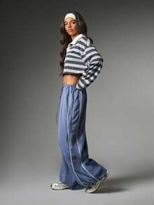 MISSGUIDED Wide Leg Hip Hop Pants Contrast Piping Detail Elastic Drawstring Waist Full Length Flowy Summer Spring Workout Blue And White Striped - Blue - View 4